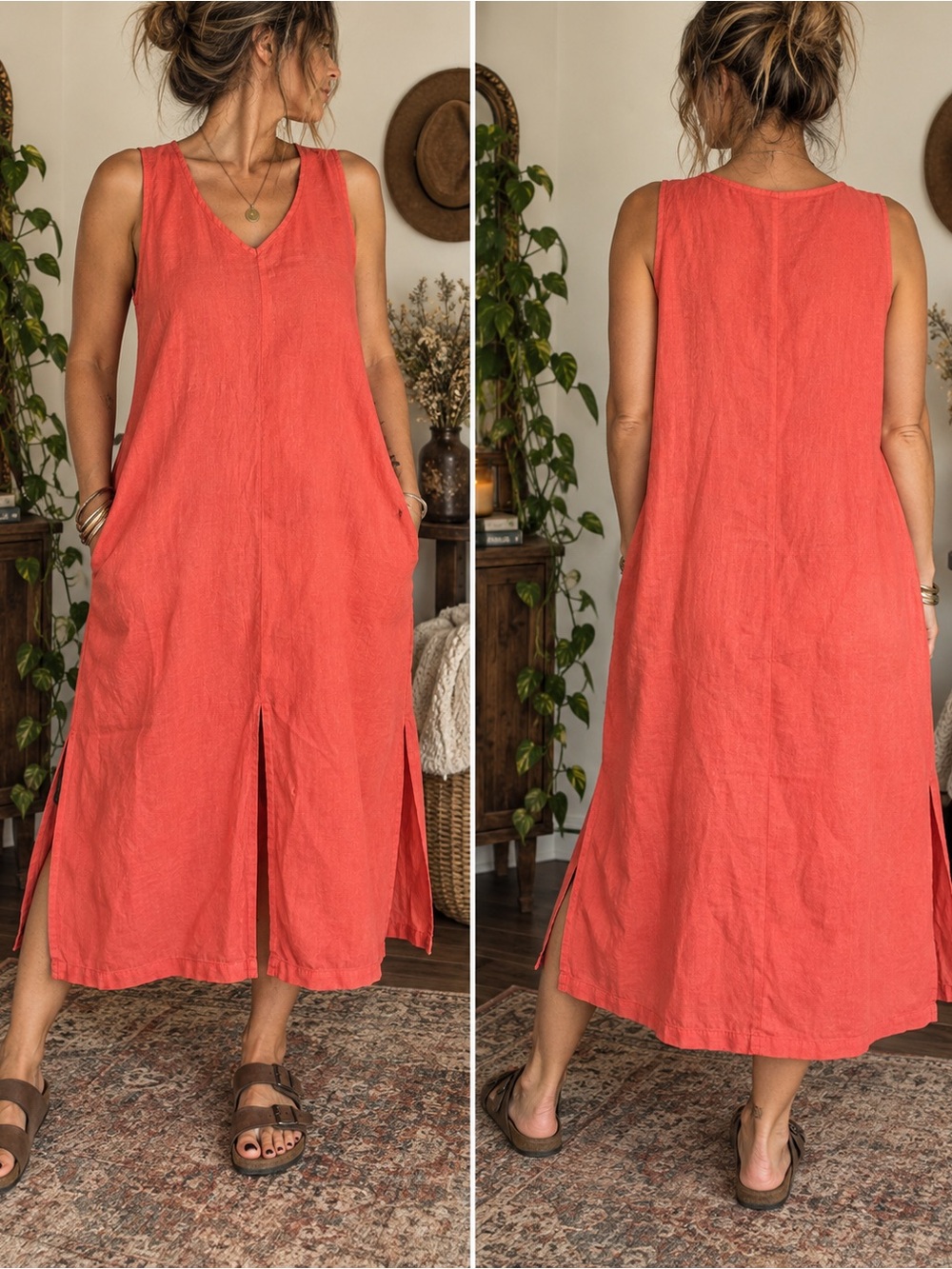 FLAX Linen Midi Dress L Coral Orange Sleeveless Lagenlook Art to Wear Maxi
